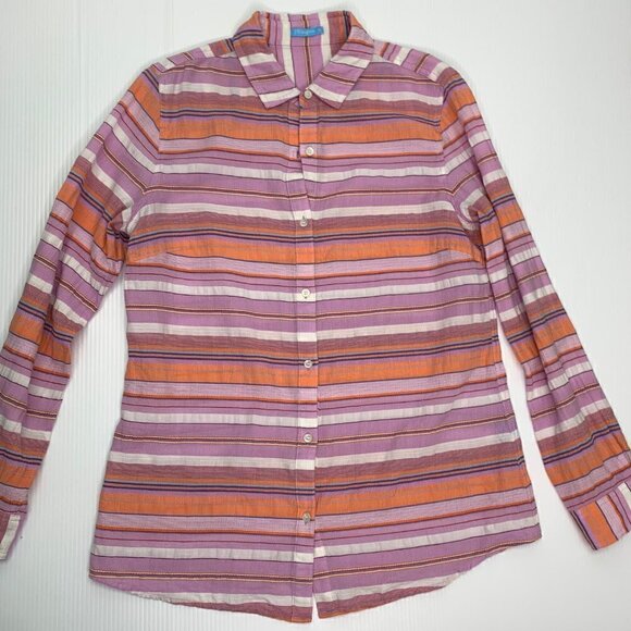 J McLaughlin Medium Striped Button Down Shirt Pink Coral Cotton - Picture 4 of 9